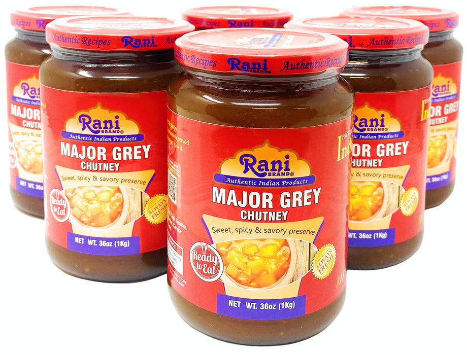 Rani Major Grey Mango Chutney (Indian Preserve) 36oz (2.2lbs) 1kg Value Pack, Glass Jar, Ready to eat, Vegan, Pack of 5+1 FREE ~ Gluten Free