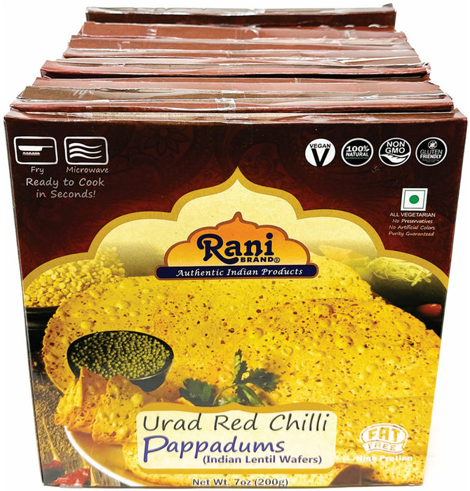 Rani Pappadums (Indian Lentil Wafer Snack) Red Chilli Papad 7oz (200g) Approximately 15pc, 7 inches, Pack of 12 ~ All Natural | Gluten Friendly | NON-GMO | Vegan | Indian Origin