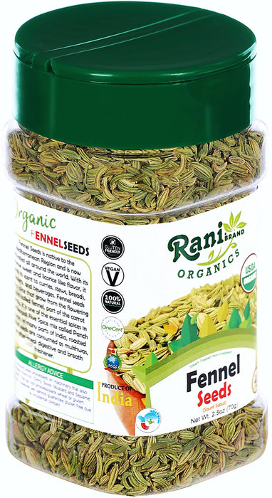 Rani Organic Fennel Seeds (Saunf Sabut) Whole Spice 2.5oz (70g) PET Jar ~ All Natural | Gluten Friendly | Indian Origin | USDA Certified Organic