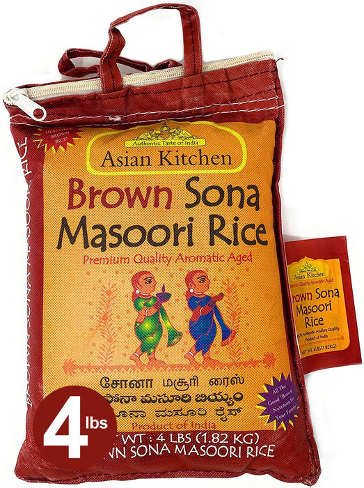 Asian Kitchen Brown Sona Masoori Aged Rice 4lbs (1.81kg) Short Grain Rice ~ All Natural | Gluten Friendly | Vegan | Indian Origin | Export Quality