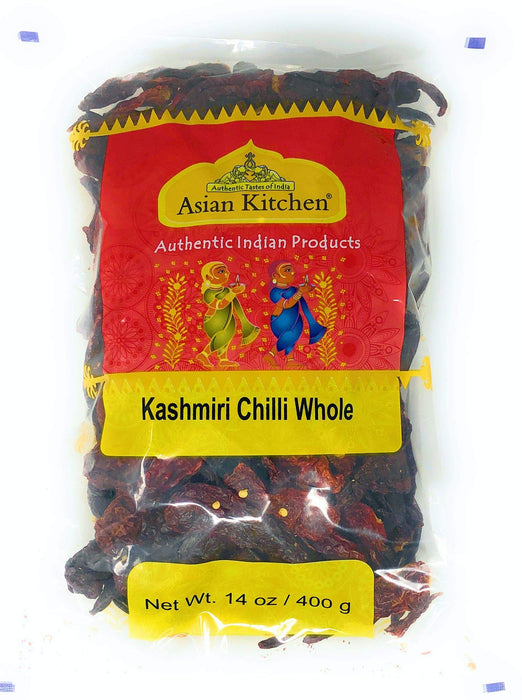 Asian Kitchen Kashmiri Chilli Whole Stemless, Low Heat Indian Chilli 14oz (400g) ~ All Natural | Vegan | Gluten Friendly | NON-GMO | Indian Origin