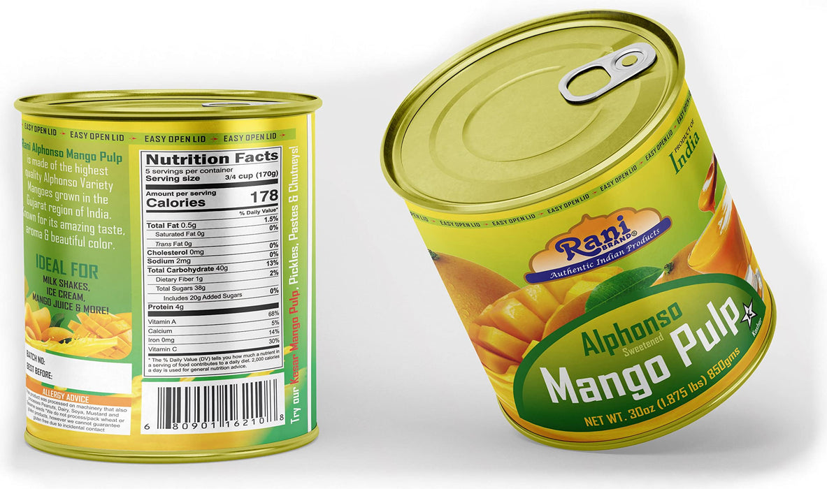 Rani Mango Pulp Puree (Makes Mango Lassi Shakes) Alphonso Sweetened 30oz (1.875lbs) 850g Pack of 6 ~ Kosher | All Natural | NON-GMO | Vegan | No colors | Gluten Friendly | Indian Origin
