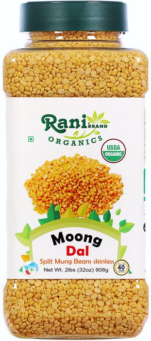 Rani Organic Moong Dal (Split Moong Beans Skinless) Indian Lentils 32oz (2lbs) 908g PET Jar ~ All Natural | Vegan | USDA Certified Organic