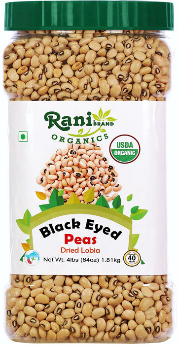 Rani Organic Black Eyed Peas (Dried Lobia) 64oz (4lbs) 1.81kg Bulk PET Jar ~ All Natural | Vegan | Gluten Friendly | NON-GMO| USDA Certified Organic