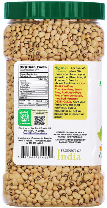 Rani Organic Black Eyed Peas (Dried Lobia) 64oz (4lbs) 1.81kg Bulk PET Jar ~ All Natural | Vegan | Gluten Friendly | NON-GMO| USDA Certified Organic