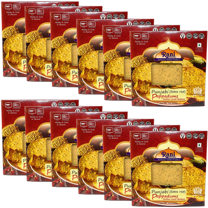 Rani Pappadums (Indian Lentil Wafer Snack) Punjabi Papad - Extra Hot, 7oz (200g) Approximately 15pc, 7 inches, Pack of 12 ~ All Natural | Gluten Friendly | NON-GMO | Vegan