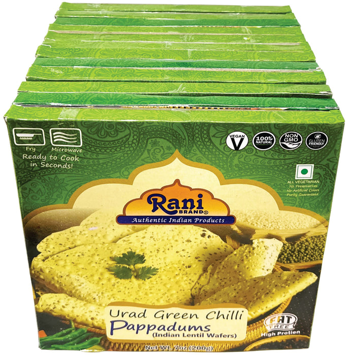 Rani Pappadums (Indian Lentil Wafer Snack) Green Chilli Papad 7oz (200g) Approximately 15pc, 7 inches, Pack of 12 ~ All Natural | Gluten Friendly | NON-GMO | Vegan | Indian Origin
