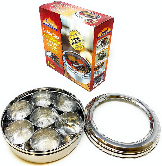 Rani Spice Box Stainless Steel Transparent Round Storage For Spices (Masala Dabba) 7 Compartments, with spoon (7.5in x 2.8in) ~ Packed in an attractive box, perfect for gifts!