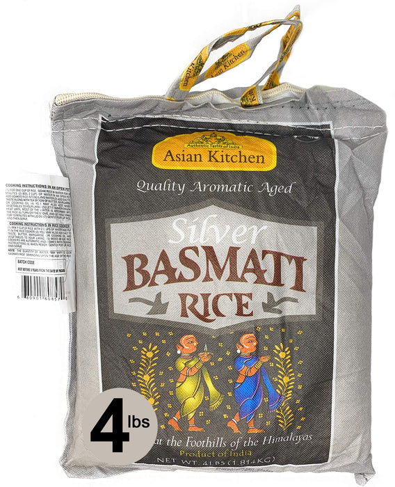 Asian Kitchen Silver White Basmati Rice Aged, 4 Pound (4lbs, 1.81kg) ~ All Natural | Gluten Friendly | Vegan | Indian Origin | Export Quality