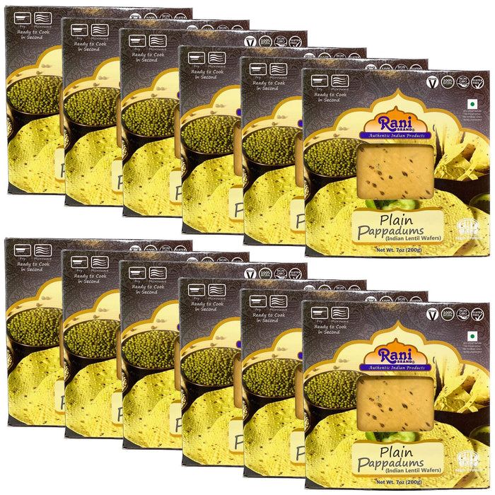 Rani Pappadums (Indian Lentil Wafer Snack) Plain Papad 7oz (200g) Approximately 15pc, 7 inches, Pack of 12 ~ All Natural | Gluten Friendly | NON-GMO