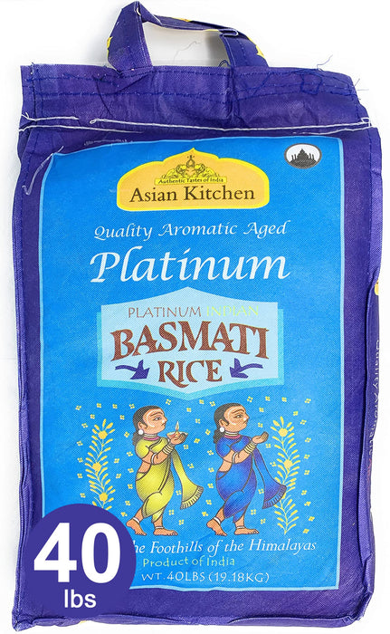 Asian Kitchen Platinum White Basmati Rice Extra Long Aged 40lbs (18.18kg) ~ All Natural | Gluten Friendly | Vegan | Indian Origin | Export Quality