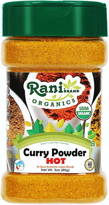 Rani Organic Curry Powder Hot (9-Spice Authentic Indian Blend) 3oz (85g) PET Jar ~ All Natural | Salt-Free | Gluten Friendly | USDA Certified Organic