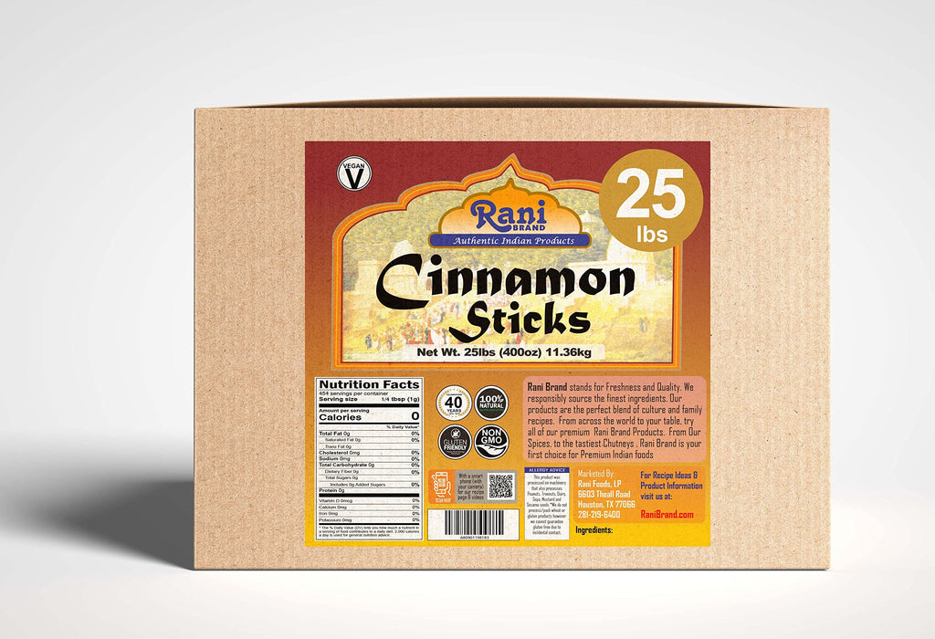 Rani Cinnamon Sticks 400oz (25lbs) 11.63kg Bulk Box - 2300-2500 Sticks - Strong Aroma, Perfect for Baking, Cooking & Beverages | 3+ Inches Length - Cassia Saigon Cinnamon from Vietnam | Kosher