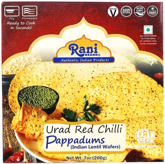 Rani Pappadums (Indian Lentil Wafer Snack) Red Chilli Papad 7oz (200g) Approximately 15pc, 7 inches ~ All Natural | Gluten Friendly | NON-GMO | Vegan | Indian Origin