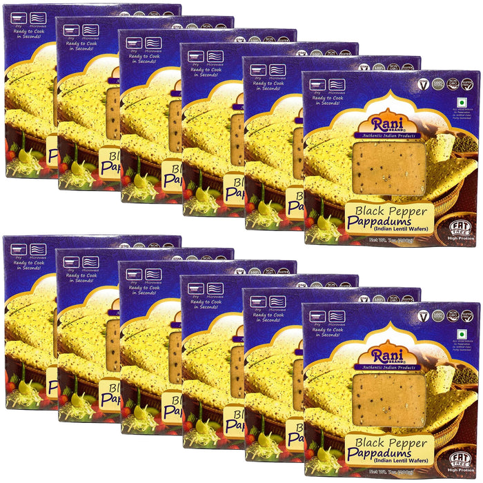 Rani Pappadums (Indian Lentil Wafer Snack) Black Pepper Papad 7oz (200g) Approximately 15pc, 7 inches, Pack of 12 ~ All Natural | Gluten Friendly | NON-GMO