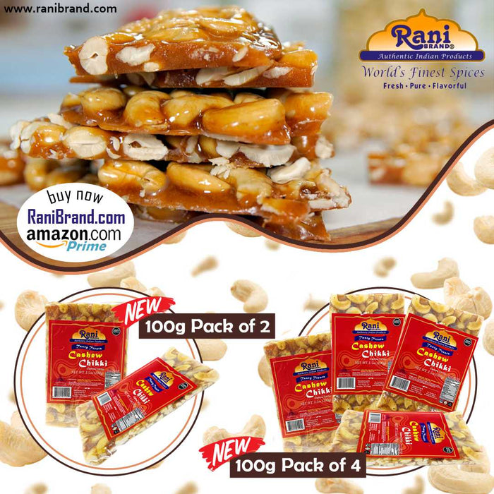 Rani Cashew Chikki (Brittle Candy) 100g (3.5oz) x Pack of 4 ~ All Natural | Vegan | No colors | Gluten Friendly | Indian Origin