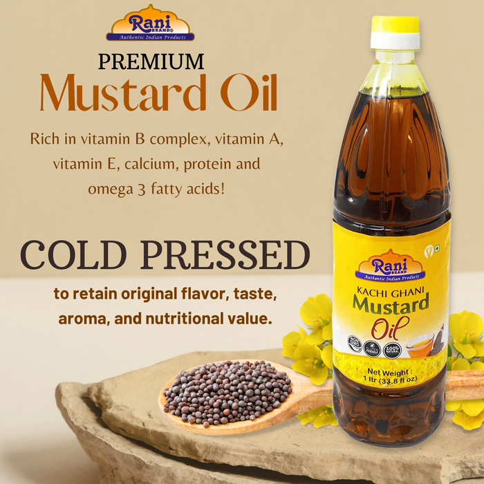 Rani Mustard Oil (Kachi Ghani) 33.8 Ounce (1 Liter) NON-GMO | Gluten Free | Vegan | 100% Natural