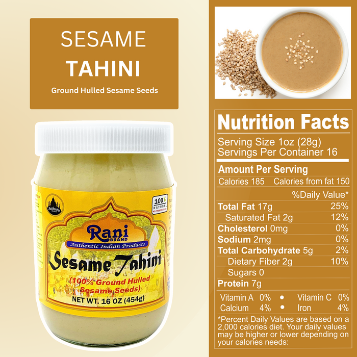 Rani Sesame Tahini (Sesame Butter) 16oz (1lb) 454g, Glass Jar, Vegan, No added sugar, No Sodium ~ Gluten Free | NON-GMO | No Colors | USA Made