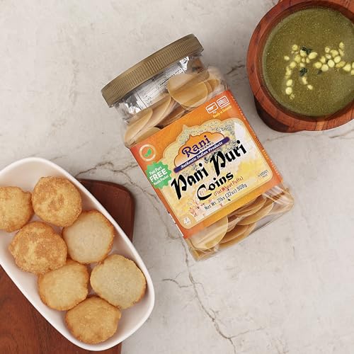 Rani Pani Puri Coins (Uncooked, Microwaveable Wheat Semolina Coins) 32oz (2lbs) 908g w/ Pani Puri Masala (14-Spice Blend for Indian Spicy Water) 1.75oz (50g) ~ All Natural | Vegan | NON-GMO | Kosher