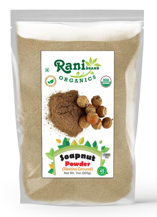 Rani Organic Soapnut Powder (Reetha Ground) 7oz (200g) ~ for Hair & Skin Care | As Laundry Deterget or Household Cleaner | All Natural | Kosher | Indian Origin | USDA Organic Certified