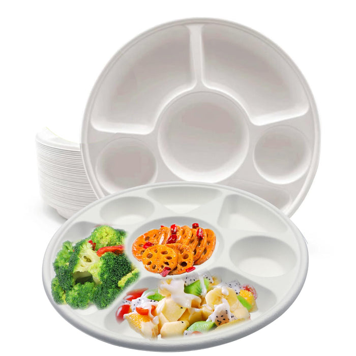 Rani 7 Compartment Round Biodegradable Divided Plates, Pack of 1000 ~ Party, Thali, Buffet | Disposable & Eco-Friendly | Heavy-Duty Sturdy Paper Bagasse | Premium Quality | 11" Diameter, 1.38" Height