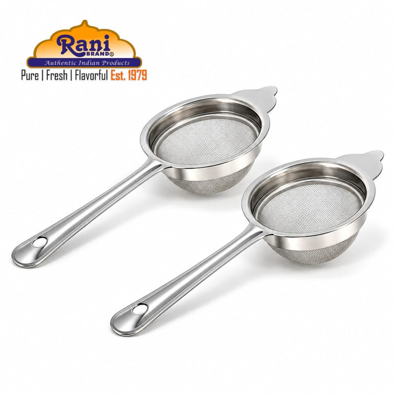 Rani Tea Strainers (3in) Stainless Steel Fine Mesh Tea Strainer, 2-Pack, Reusable Strainers for Loose Leaf Tea, Juice & Baking, with Support Tab & Hanging Hole