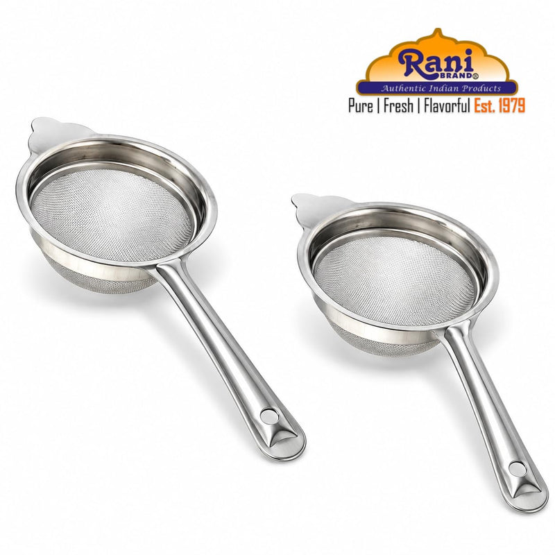Rani Tea Strainers (3in) Stainless Steel Fine Mesh Tea Strainer, 2-Pack, Reusable Strainers for Loose Leaf Tea, Juice & Baking, with Support Tab & Hanging Hole