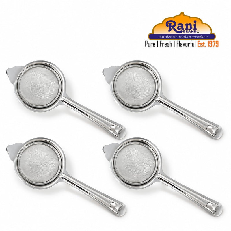 Rani Tea Strainers (3in) Stainless Steel Fine Mesh Tea Strainer, 4-Pack, Reusable Strainers for Loose Leaf Tea, Juice & Baking, with Support Tab & Hanging Hole