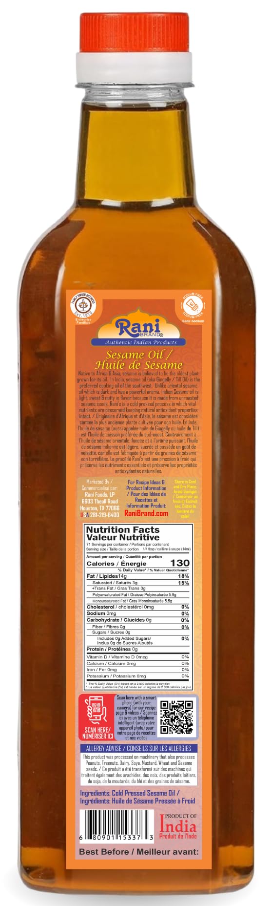 Rani Sesame Oil 33.8 Ounce (1 Liter) Cold Pressed | 100% Natural | NON-GMO | Kosher | Vegan | Gluten Free