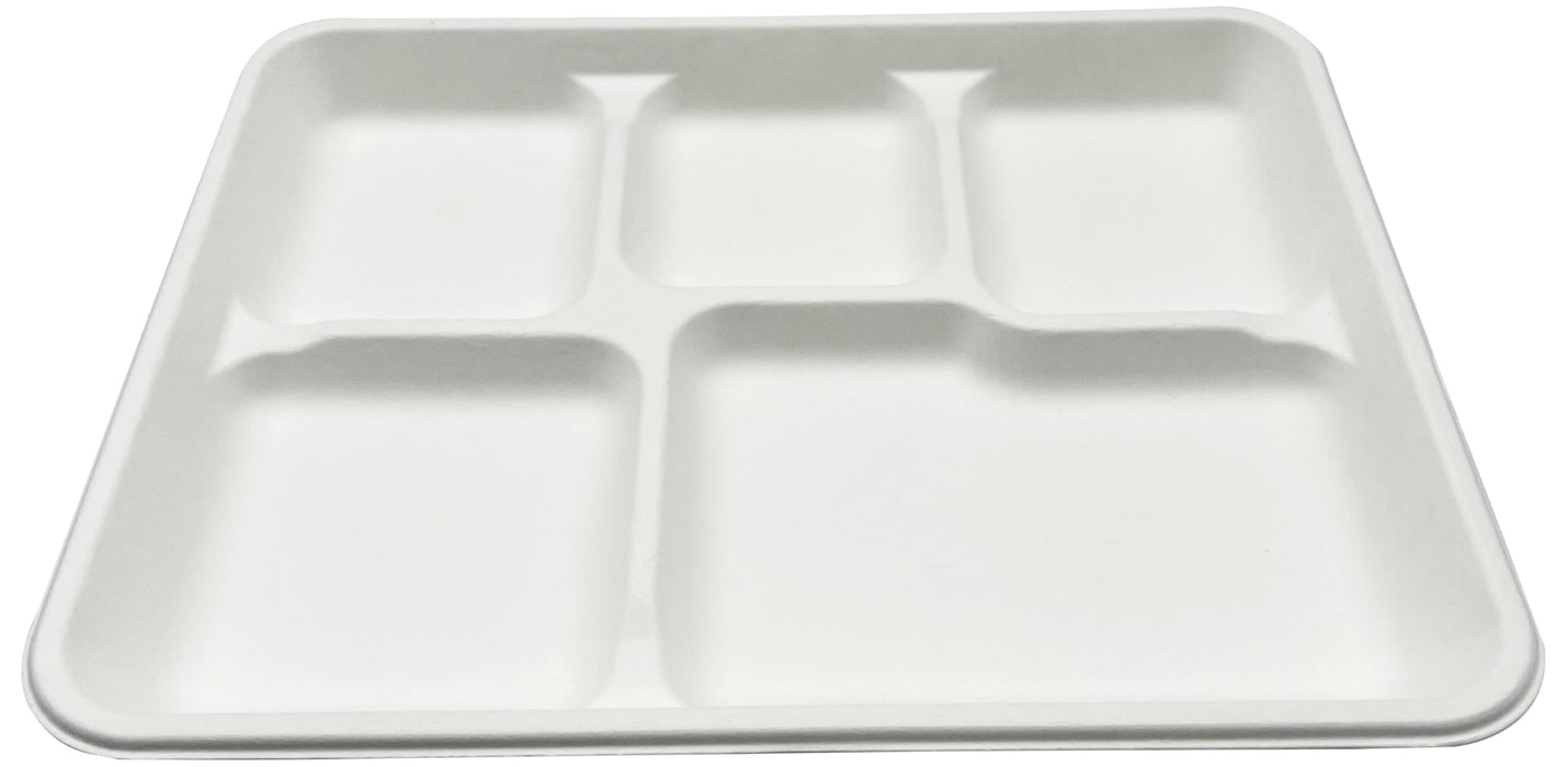 Rani 5 Compartment Square Biodegradable Divided Plates, Pack of 125 ~ Party, Thali, Buffet | Disposable & Eco-Friendly | Heavy-Duty Sturdy Paper Bagasse | Premium Quality | 10.24" x 8.27" x 0.91"