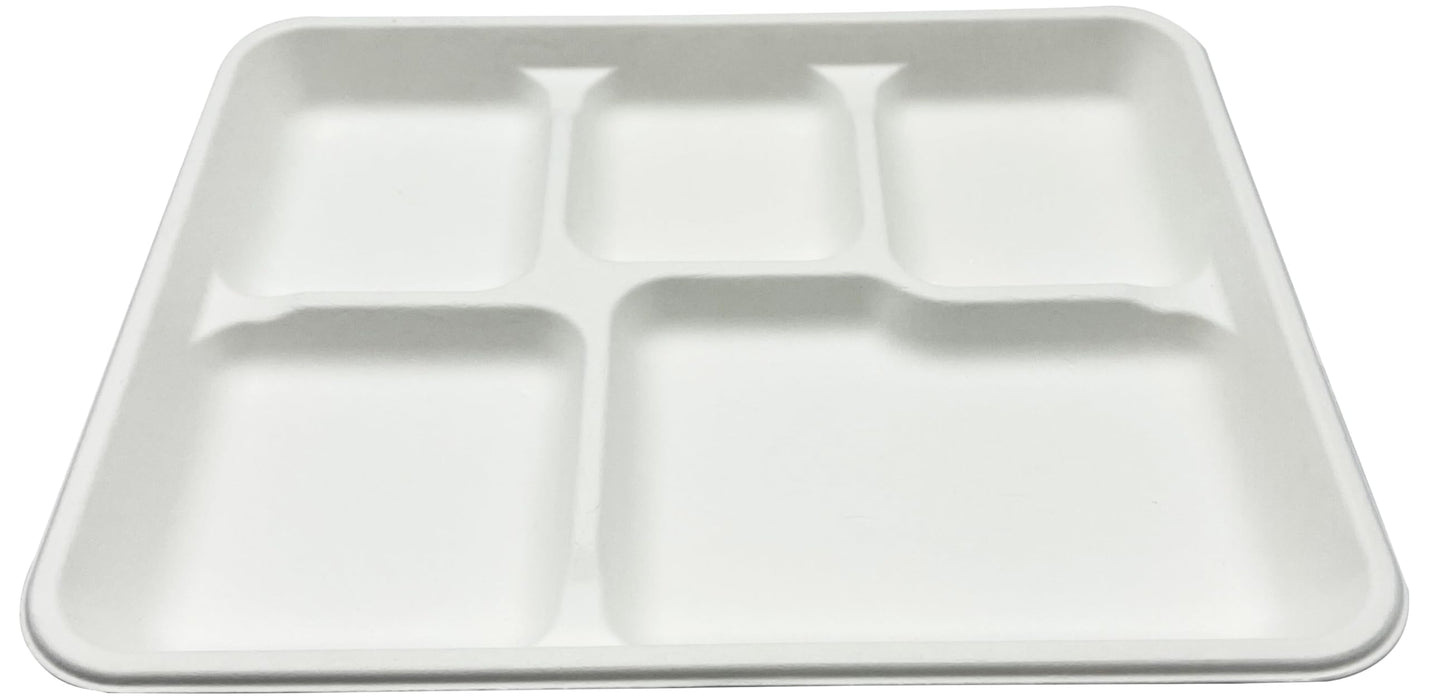 Rani 5 Compartment Square Biodegradable Divided Plates, Pack of 500 ~ Party, Thali, Buffet | Disposable & Eco-Friendly | Heavy-Duty Sturdy Paper Bagasse | Premium Quality | 10.24" x 8.27" x 0.91"