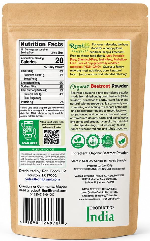 Rani Organic Beetroot Powder (Beta Vulgaris) 32oz (2lbs) 908g ~ All Natural | Vegan | Gluten Friendly | Non-GMO | Indian Origin | USDA Certified Organic