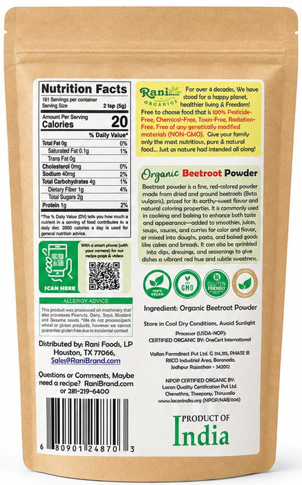 Rani Organic Beetroot Powder (Beta Vulgaris) 32oz (2lbs) 908g ~ All Natural | Vegan | Gluten Friendly | Non-GMO | Indian Origin | USDA Certified Organic