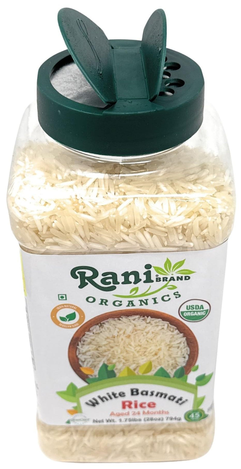 Rani Organic Platinum White Basmati Rice Extra Long Aged 28oz (1.75lbs) 800g PET Jar ~ All Natural | Gluten Friendly | Vegan | Indian Origin | Kosher | Export Quality | USDA Certified Organic