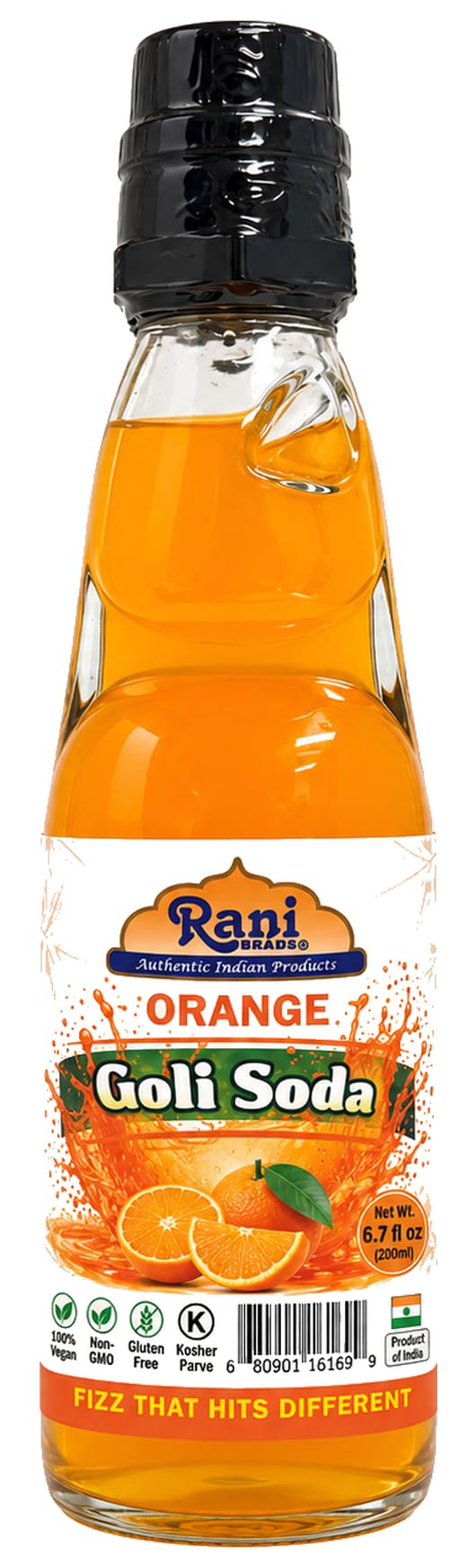 Rani Orange Goli Soda 6.7 fl oz (200 ml) Glass Bottle with Marble Seal, Pack of 2 ~ Vegan | Gluten Free | Non-GMO | Indian Origin