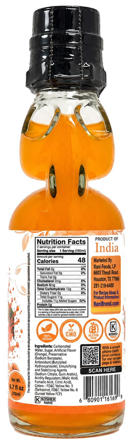 Rani Orange Goli Soda 6.7 fl oz (200 ml) Glass Bottle with Marble Seal, Pack of 2 ~ Vegan | Gluten Free | Non-GMO | Indian Origin