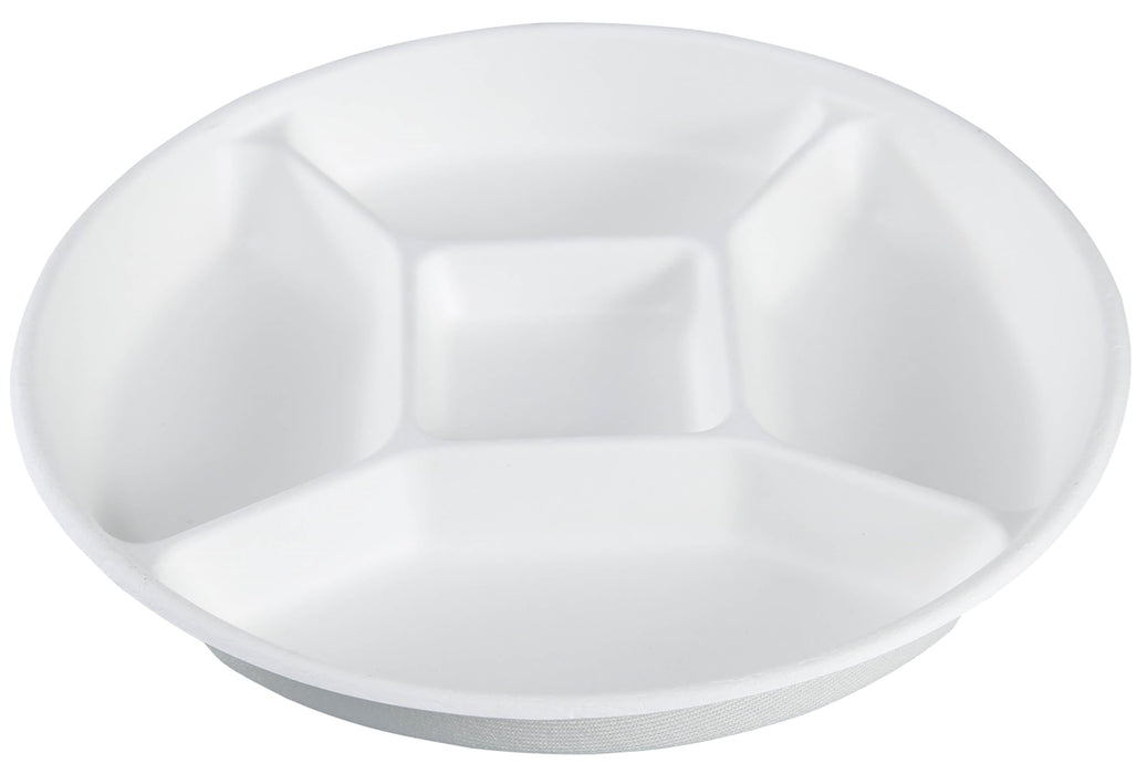 Rani 5 Compartment Round Biodegradable Divided Plates, Pack of 125 ~ Party, Thali, Buffet | Disposable & Eco-Friendly | Heavy-Duty Sturdy Paper Bagasse | Premium Quality | 10" Diameter, 1.38" Height