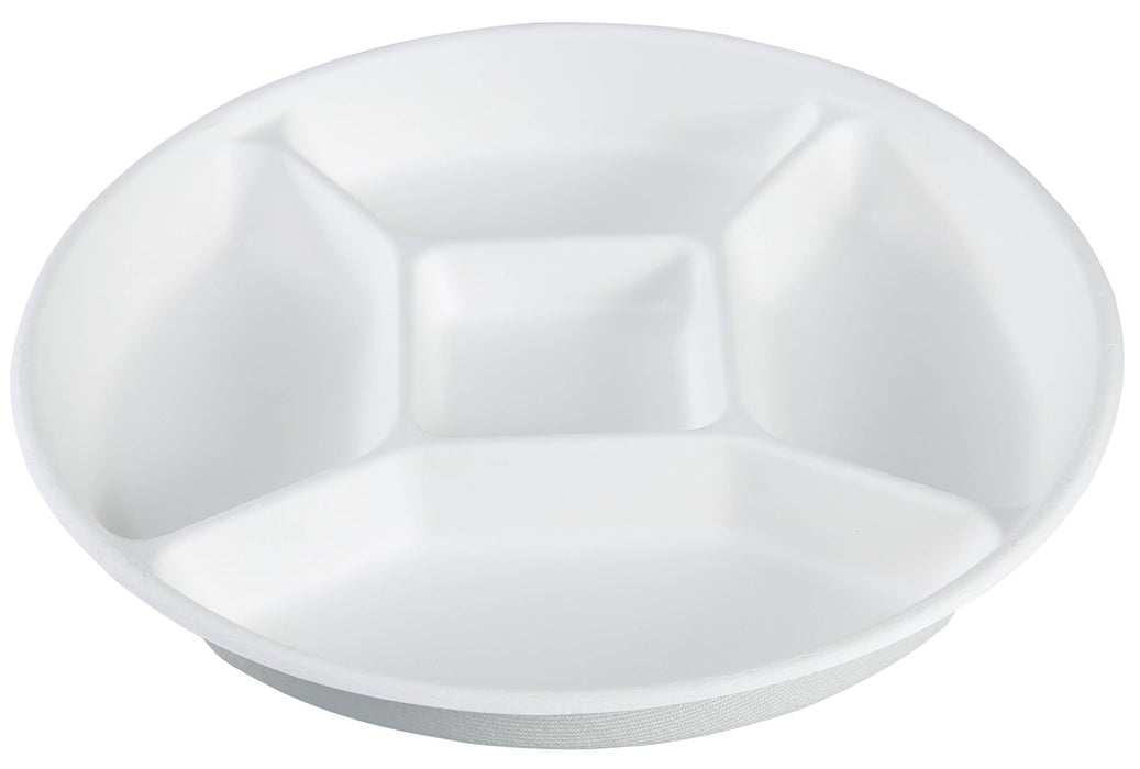 Rani 5 Compartment Round Biodegradable Divided Plates, Pack of 250 ~ Party, Thali, Buffet | Disposable & Eco-Friendly | Heavy-Duty Sturdy Paper Bagasse | Premium Quality | 10" Diameter, 1.38" Height