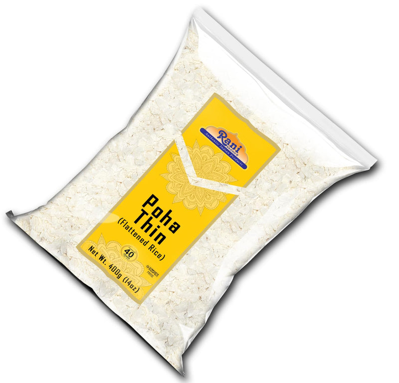 Rani Poha (Powa) Thin Cut (Flattened Rice) 14oz (400g) ~ All Natural, Salt-Free | Vegan | No Colors | Gluten Friendly | Indian Origin