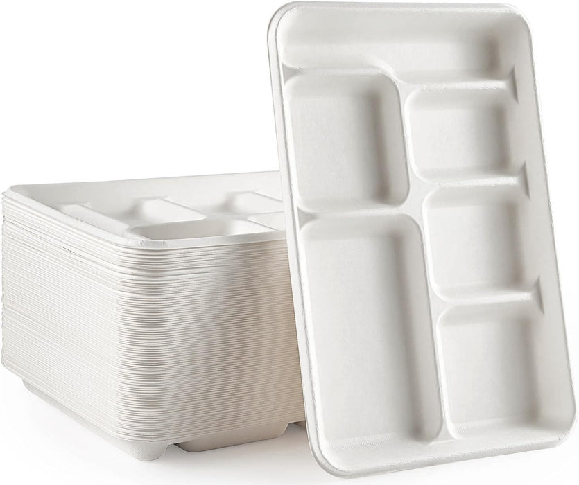 Rani 6 Compartment Square Biodegradable Divided Plates, Pack of 1000 ~ Party, Thali, Buffet | Disposable & Eco-Friendly | Heavy-Duty Sturdy Paper Bagasse | Premium Quality | 12.5" x 8.5" x 1.10"