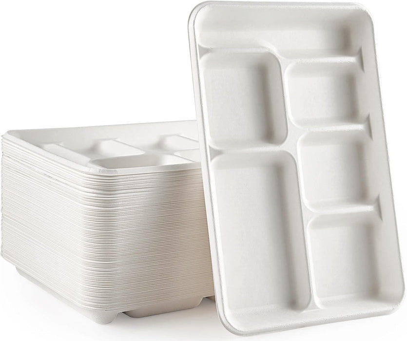 Rani 6 Compartment Square Biodegradable Divided Plates, Pack of 125 ~ Party, Thali, Buffet | Disposable & Eco-Friendly | Heavy-Duty Sturdy Paper Bagasse | Premium Quality | 12.5" x 8.5" x 1.10"