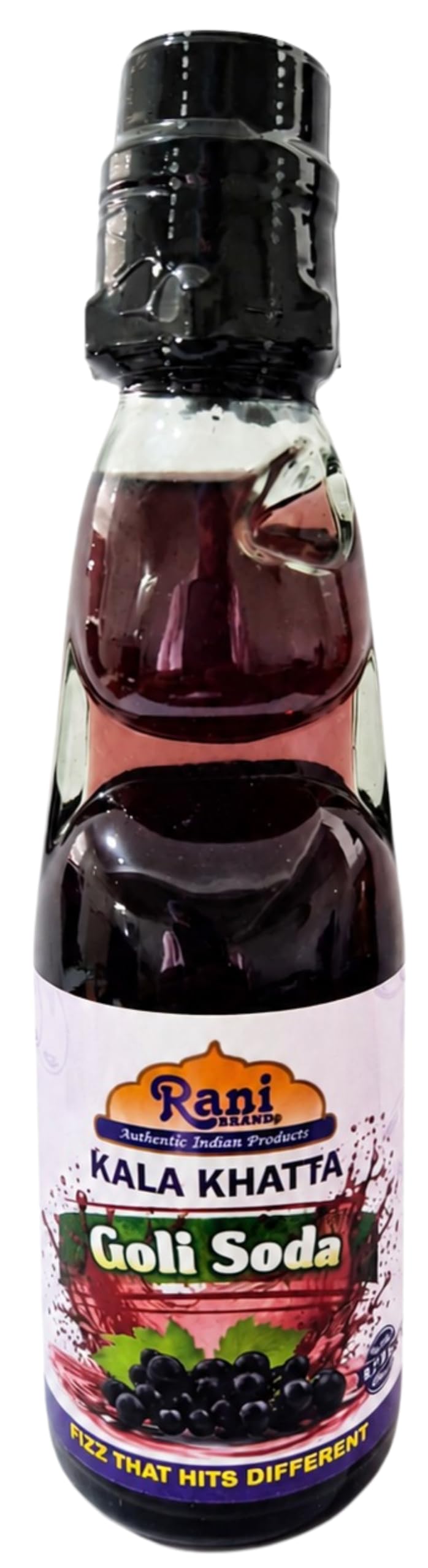 Rani Kala Khatta (Black Grapes) Goli Soda 6.7 fl oz (200 ml) Glass Bottle with Marble Seal, Pack of 6 ~ Vegan | Gluten Free | Non-GMO | Indian Origin