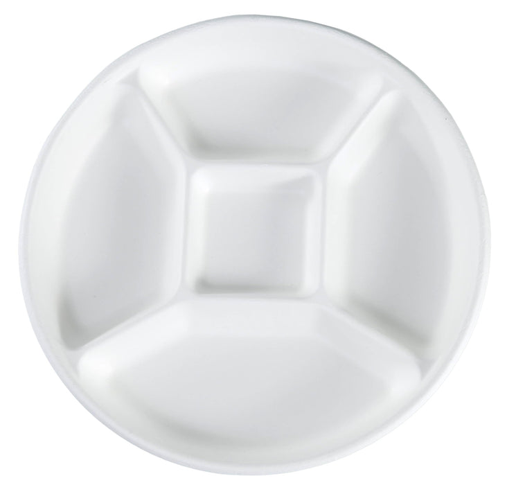 Rani 5 Compartment Round Biodegradable Divided Plates, Pack of 1000 ~ Party, Thali, Buffet | Disposable & Eco-Friendly | Heavy-Duty Sturdy Paper Bagasse | Premium Quality | 10" Diameter, 1.38" Height