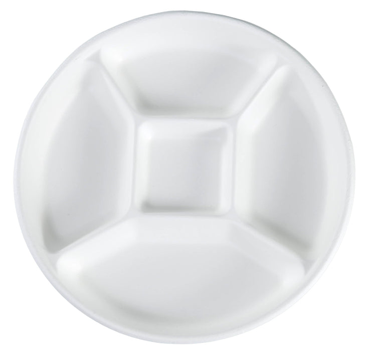 Rani 5 Compartment Round Biodegradable Divided Plates, Pack of 500 ~ Party, Thali, Buffet | Disposable & Eco-Friendly | Heavy-Duty Sturdy Paper Bagasse | Premium Quality | 10" Diameter, 1.38" Height