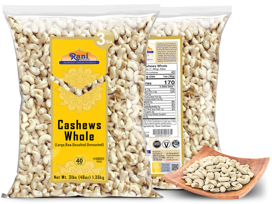 Rani Raw Cashews Whole (uncooked, unsalted) 48oz (3lbs) 1.36kg Bulk ~ All Natural, No Preservatives | Vegan | NON-GMO | Kosher | Gluten Friendly