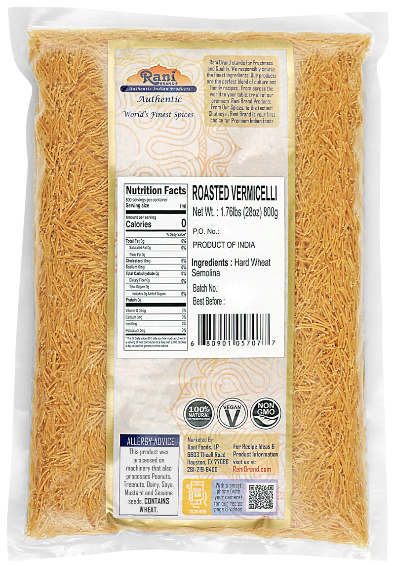 Rani Roasted Vermicelli (Roasted Wheat Noodles) 28oz (1.75lbs) 800g ~ All Natural | Vegan | NON-GMO | Indian Origin
