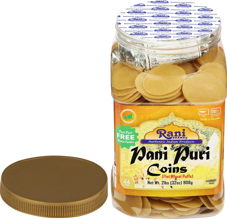 Rani Pani Puri Coins (Uncooked, Microwaveable Wheat Semolina Coins) 32oz (2lbs) 908g w/ Pani Puri Masala (14-Spice Blend for Indian Spicy Water) 1.75oz (50g) ~ All Natural | Vegan | NON-GMO | Kosher