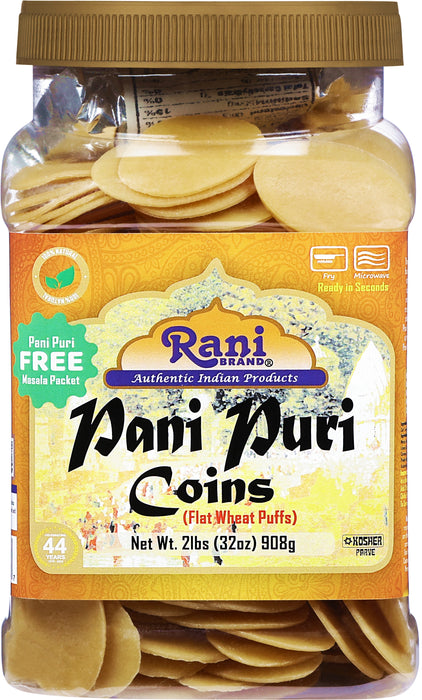 Rani Pani Puri Coins (Uncooked, Microwaveable Wheat Semolina Coins) 32oz (2lbs) 908g w/ Pani Puri Masala (14-Spice Blend for Indian Spicy Water) 1.75oz (50g) ~ All Natural | Vegan | NON-GMO | Kosher