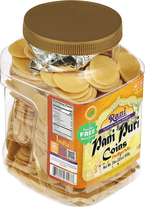 Rani Pani Puri Coins (Uncooked, Microwaveable Wheat Semolina Coins) 32oz (2lbs) 908g w/ Pani Puri Masala (14-Spice Blend for Indian Spicy Water) 1.75oz (50g) ~ All Natural | Vegan | NON-GMO | Kosher