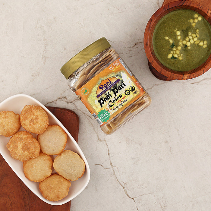 Rani Pani Puri Coins (Uncooked, Microwaveable Wheat Semolina Coins) 14oz (400g) w/Pani Puri Masala (14-Spice Blend for Indian Spicy Water) 1.75oz (50g) ~ All Natural | Vegan | NON-GMO | Kosher